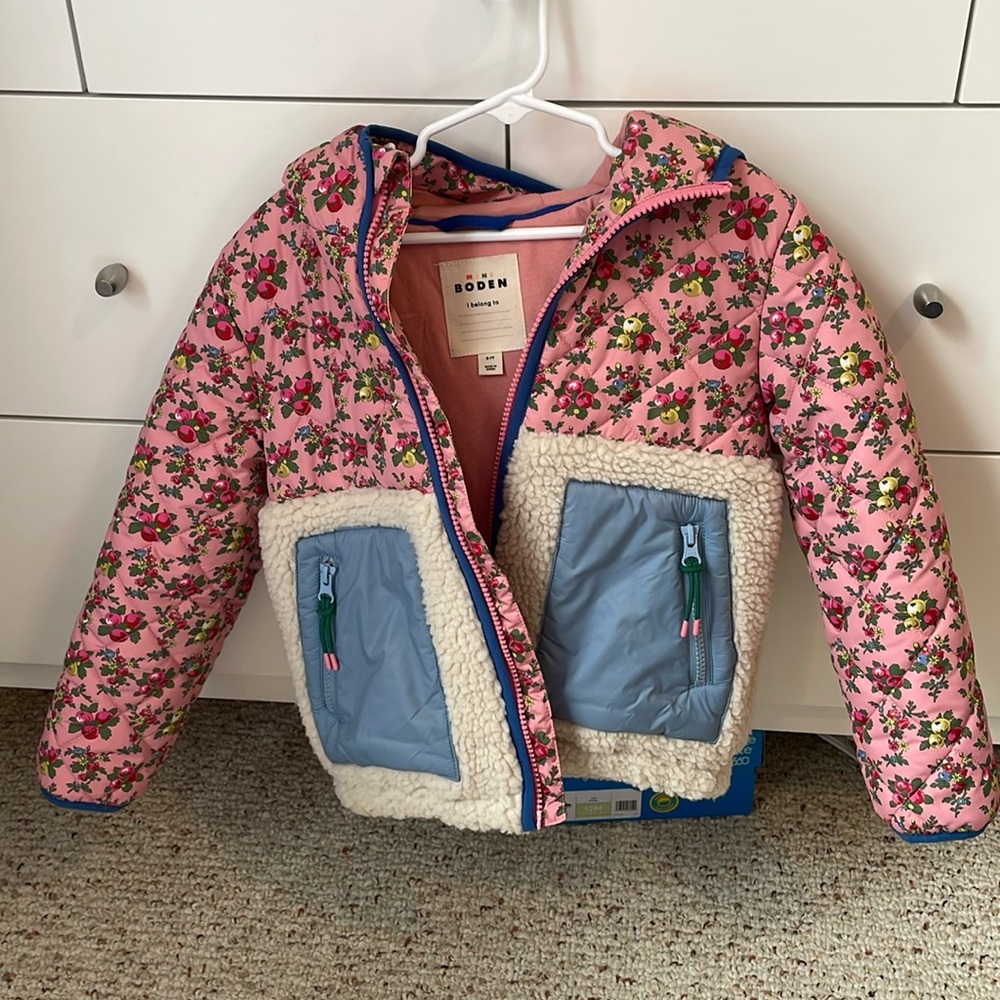 Mini Boden Borg Mix Jacket size 6-7Y in almond pink apple orchard